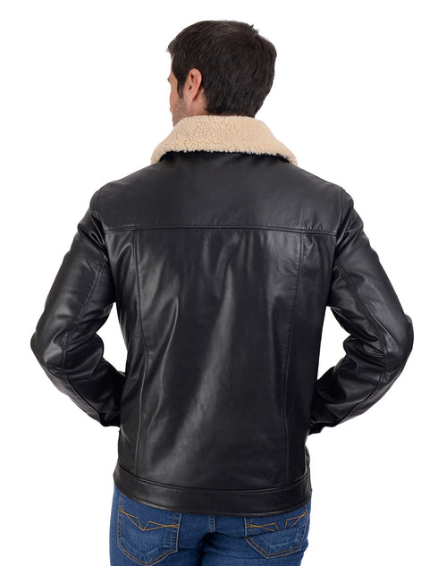 Chamarra de piel Perry Ellis para Caballero en color negro con Cuello de Borrego.